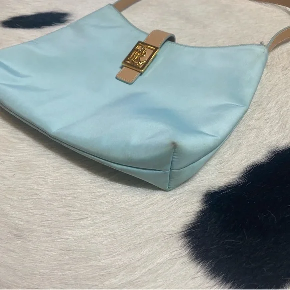 Lauren Ralph Lauren Turquoise Nylon Tan Leather Shoulder Handbag - Picture 4 of 9